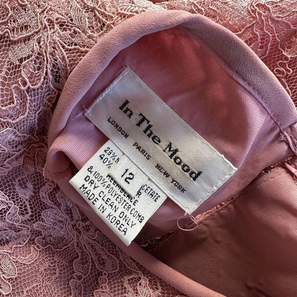 Vintage Pink Lace Dress Sheer Sleeves Bow 80s Party Prom Size 12 - Picture 8 of 12